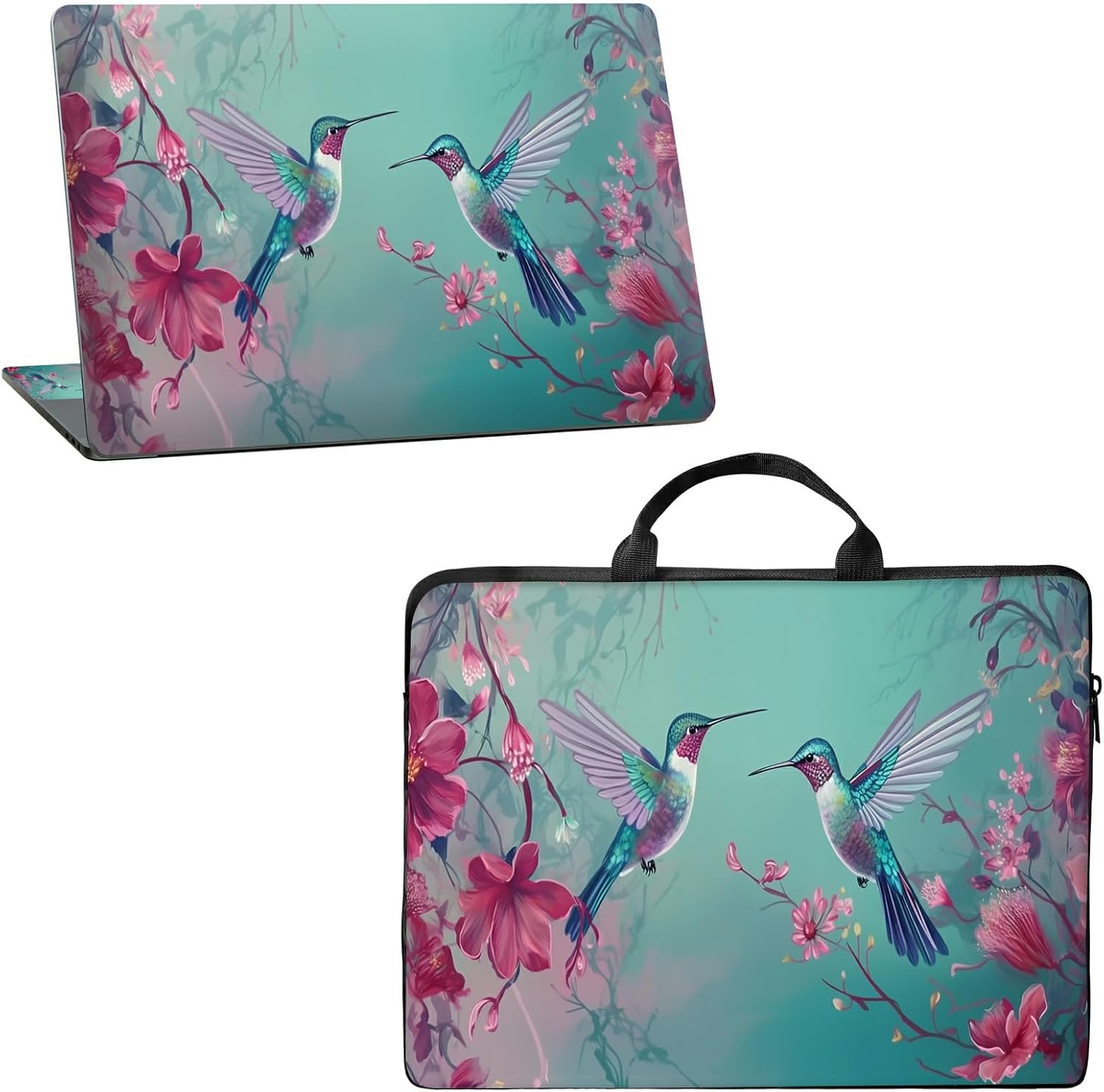 15.6 inch Laptop Sleeve Case with Laptop Skin Sticker Bundle – Waterproof Large Laptop Bag with Premium Zipper, Notebook Sleeve for Work Travel & Business, Hummingbirds Pink Flowers