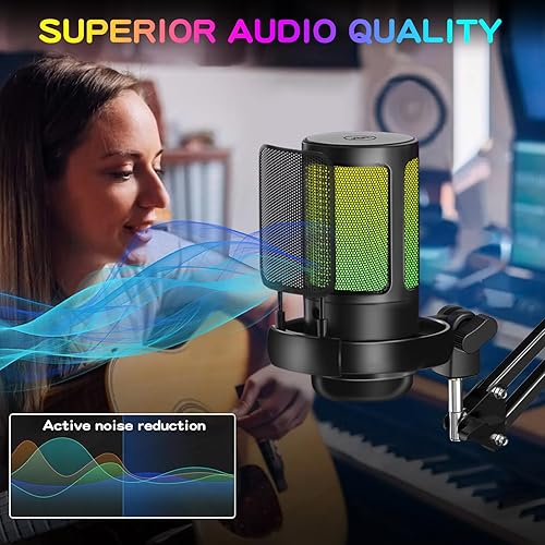 Miniatura 5 de KingSom Micrófono USB para juegos, micrófono condensador de cancelación de ruido con brazo de pluma, micrófonos podcast RGB para computadora,