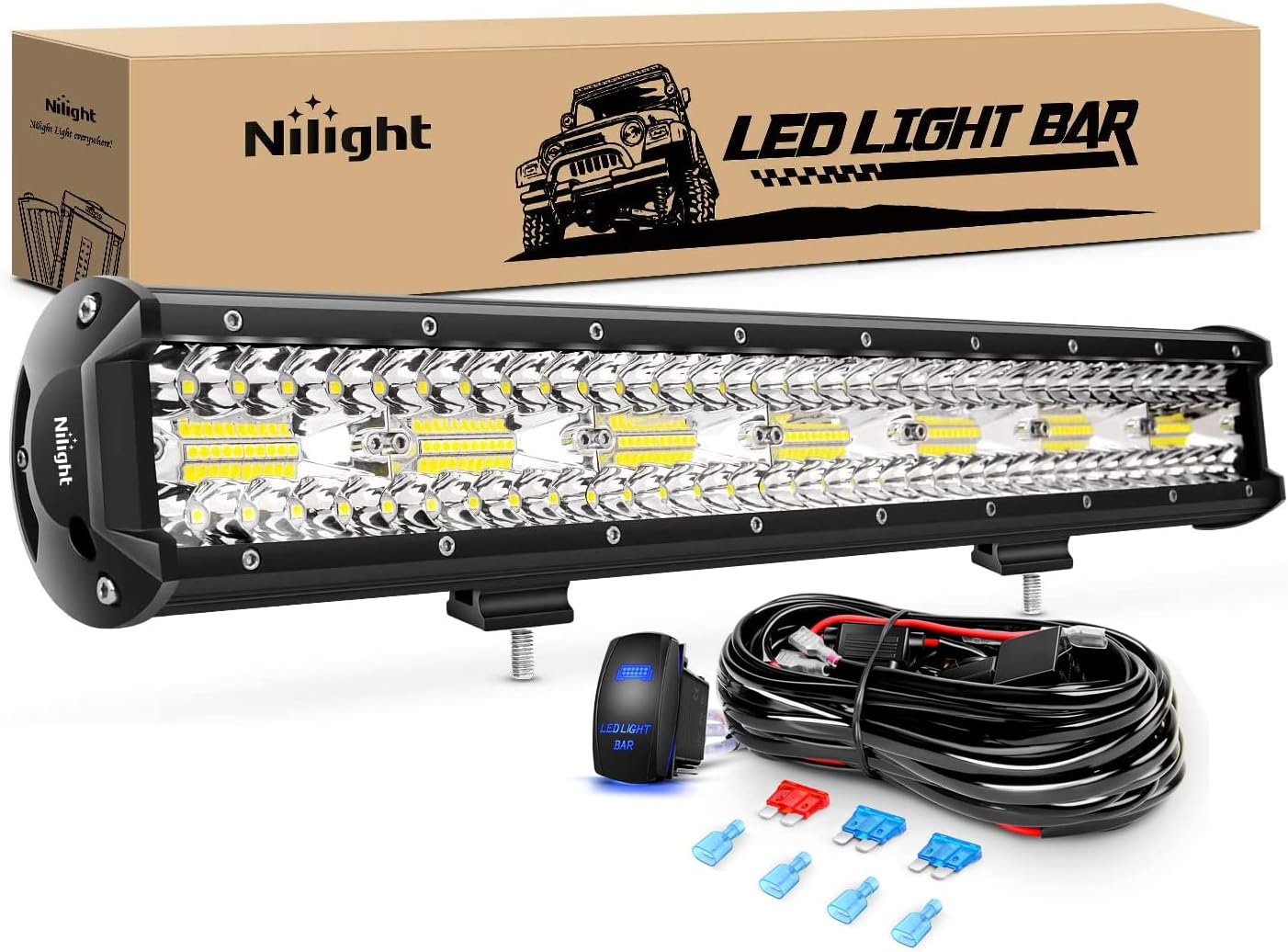 Nilight 20 Inch 420W LED Light Bar Triple Row Flood Spot Combo 42000LM Driving Boat Led Off Road Lights with 12V On/Off 5 Pin Rocker Switch 16AWG Wiring Harness Kit, 2 Years Warranty white