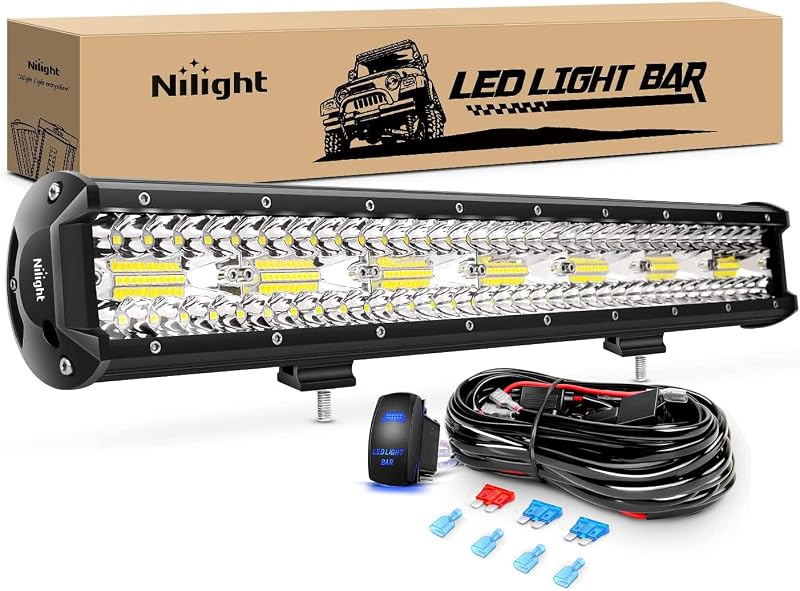 20 Inch 420W LED Light Bar Triple Row Flood Spot Combo 42000LM Driving Boat Led Off Road Lights with 12V On/Off 5 Pin Rocker Switch 16AWG Wiring Harness Kit, 2 Years Warranty