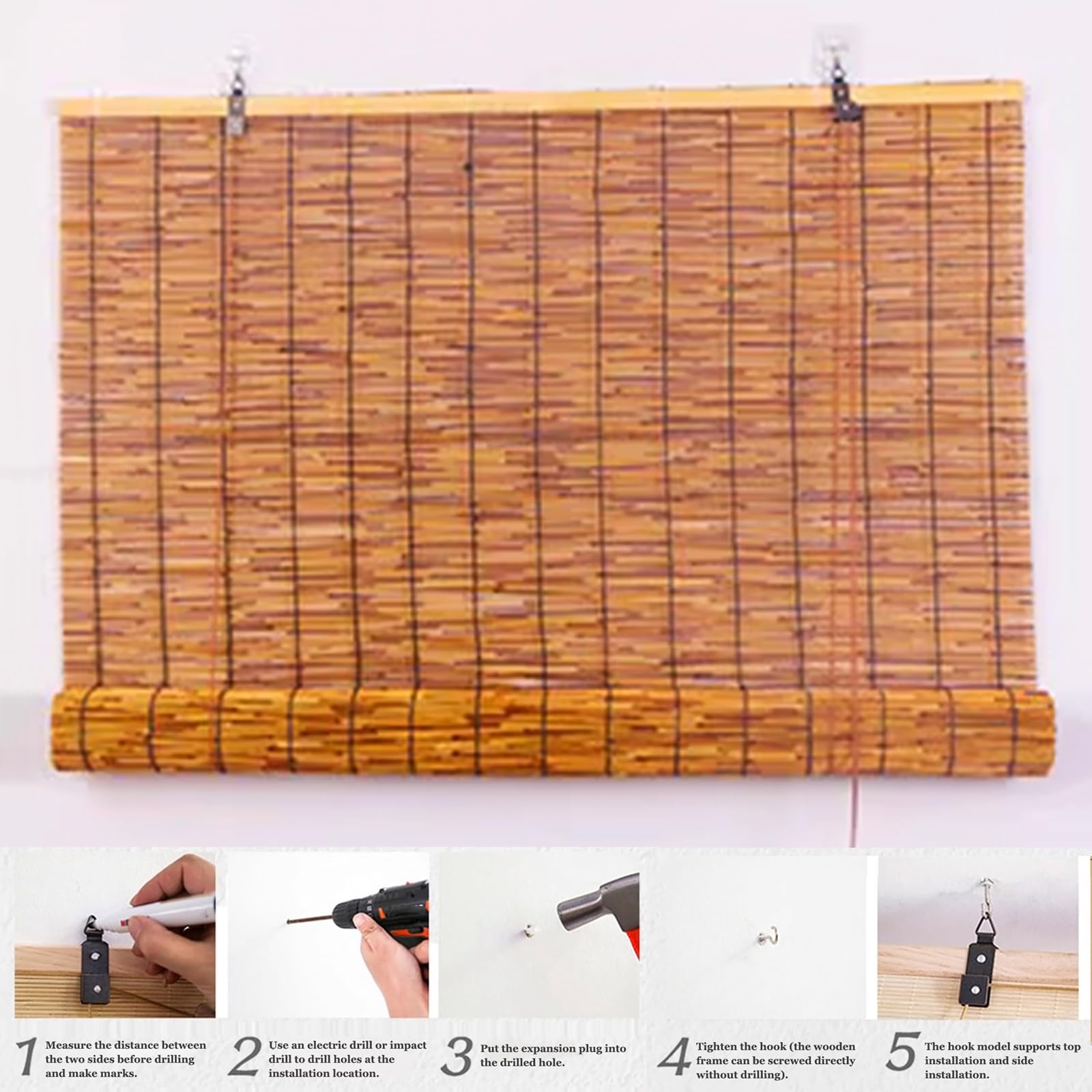 Store Enrouleur Bambou Naturel,Rideau de Paille Rétro,Stores à Enroulement Carbonisé,Rideau de Roseau Bambou Respirant avec Releveur,pour Extérieur et Intérieur (165x280cm/65x110in)