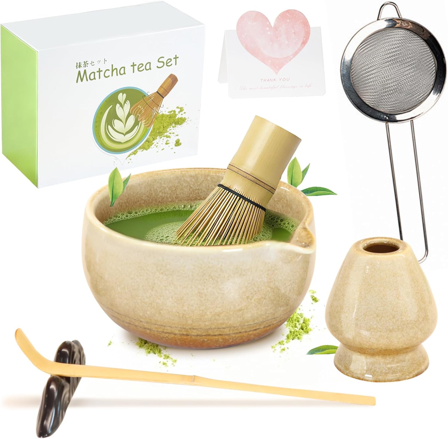 Matcha Set Handgedrehtes Macha Tea Set mit Bambus Matcha Besen, Keramik Matcha Schale, Löffel und Halter, 7 Stk Prämie Ceremonial Matcha Set (Beige)