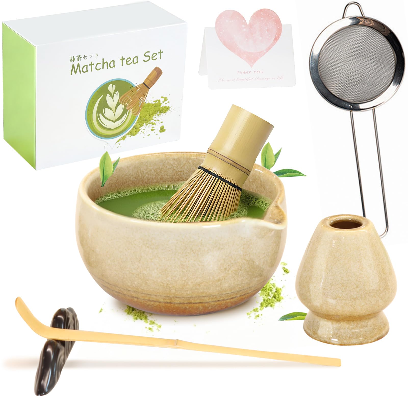 Matcha Set Handgedrehtes Macha Tea Set mit Bambus Matcha Besen, Keramik Matcha Schale, Löffel und Halter, 7 Stk Prämie Ceremonial Matcha Set (Beige)