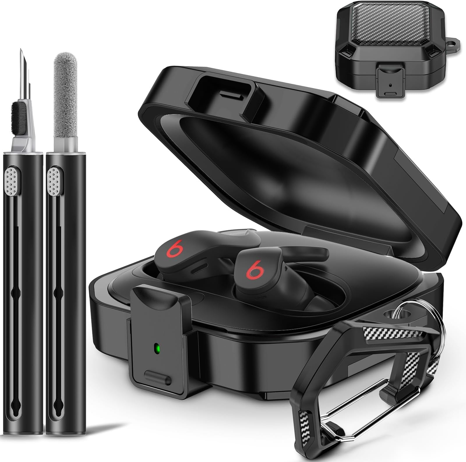 【With Anti-Drop Lock】Carbon Fiber Beats Fit Pro Case Cover 2021, Shock Absorption Beats Fit Pro 2 Protector with Accessories, Key Chain, Zipper Storage Bag, Cleaner Brush, Portable Wrist Strap - Black