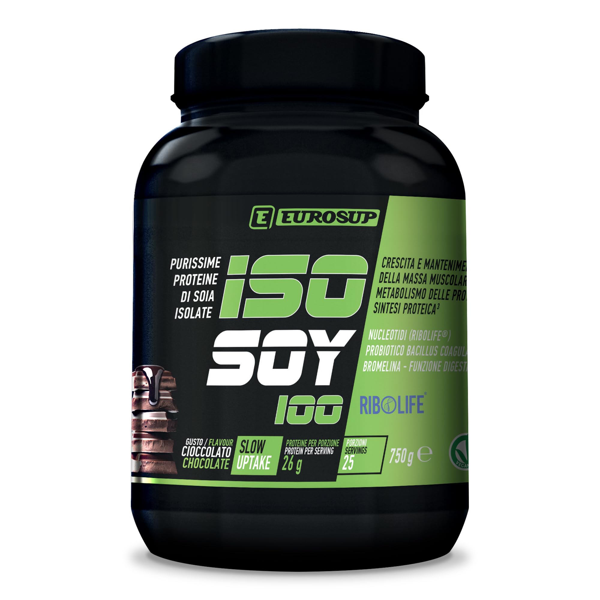 ISO SOY 100-750g - Cioccolato - Purissime proteine di soia isolate con Nucleotidi (RIBOLIFE®) e Probiotico Bacillus Coagulans
