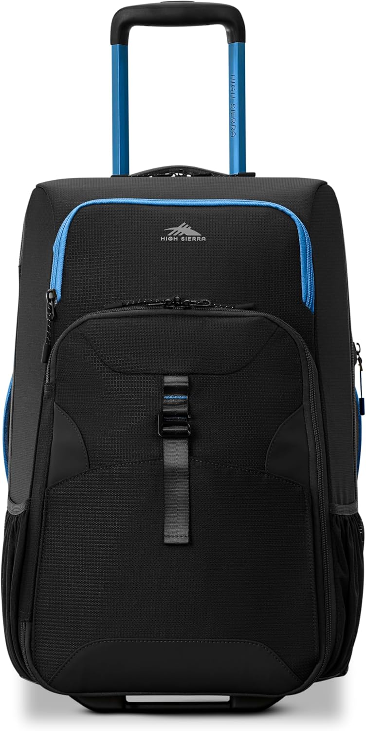 High Sierra Hi-Life 22-Inch Carry-On Wheeled Duffle - Features Smooth Rolling Wheels, WetPak Pockets, Stack-It Strap, Adjustable Handle, Fleece Pocket, Padded Laptop Sleeve, Expandable - Black/Blue - Image 2