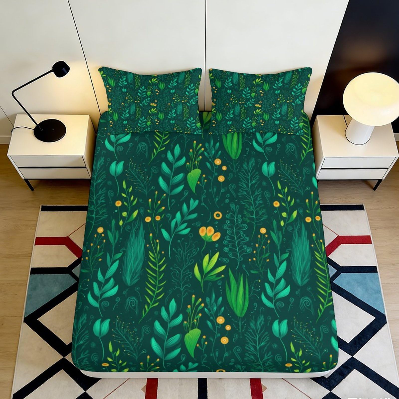 3D Printed Forest Leaves Fitted Sheet Microfiber Breathable Botanical Mattress Cover for Bedroom Guest Room Decor 90x200x25cm
