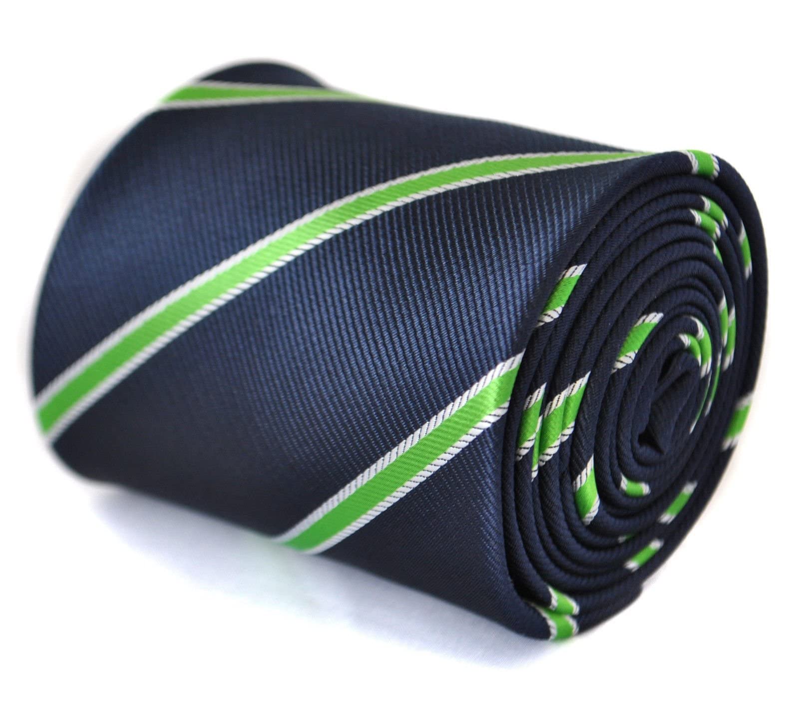 Frederick Thomas Navy Blue Tie with Green and White Club Stripes, Classic 8cm Width, 147cm Length, Classic Men’s Necktie for Formal Events, Office, Weddings or Occasions