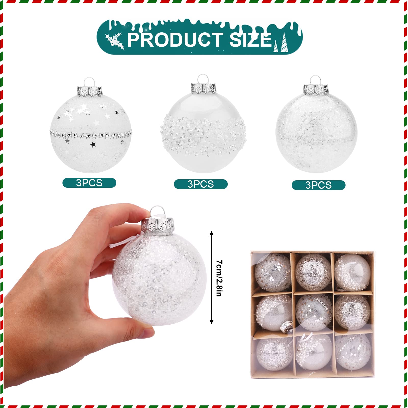 Boules De Noël à Paillettes - Lot De 9 - Diamètre 8 Cm - Rouge, Blanc, Or - Décorations Sapin, Mariage, Fête - 9