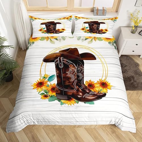Manfei Juego de funda de edredón con botas de vaquero, tamaño individual, juego de ropa de cama de girasol amarillo, 2 piezas para decoración de