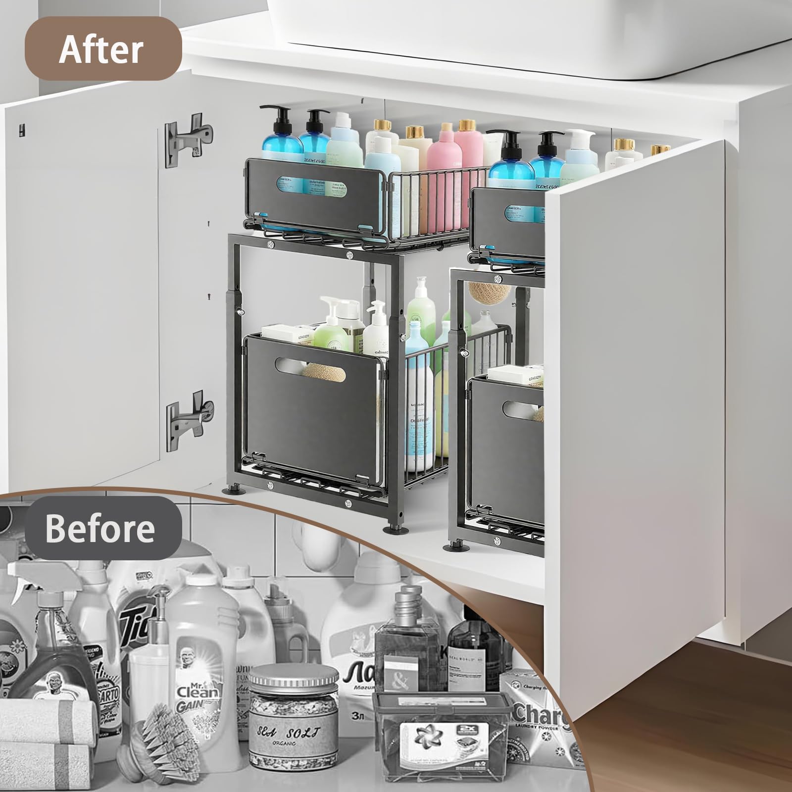 Organizer sotto il lavello a 2 ripiani con cassetto scorrevole estraibile, in metallo resistente, scaffale da cucina regolabile in altezza per bagno, scaffale salvaspazio (nero)