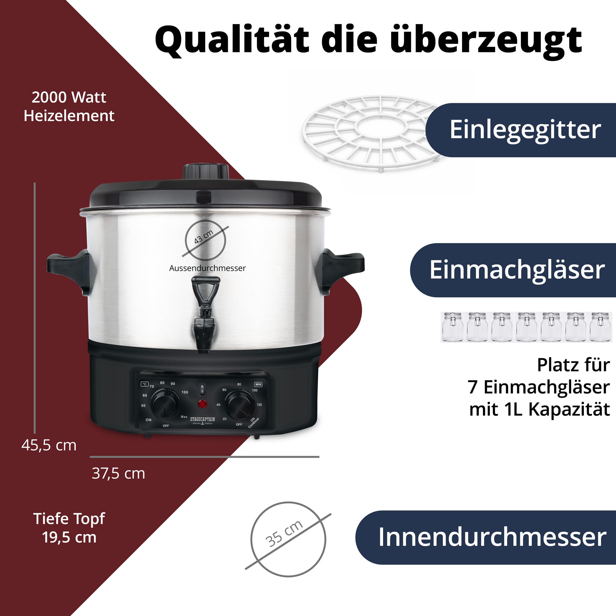 Stagecaptain GWK-16A Glühweinkocher - Einkochautomat mit 16 Liter - 2000 Watt - Gebürsteter Edelstahl - Einfache Bedienung (Temperatur und Zeitschaltuhr) - Abschaltautomatik - Silber