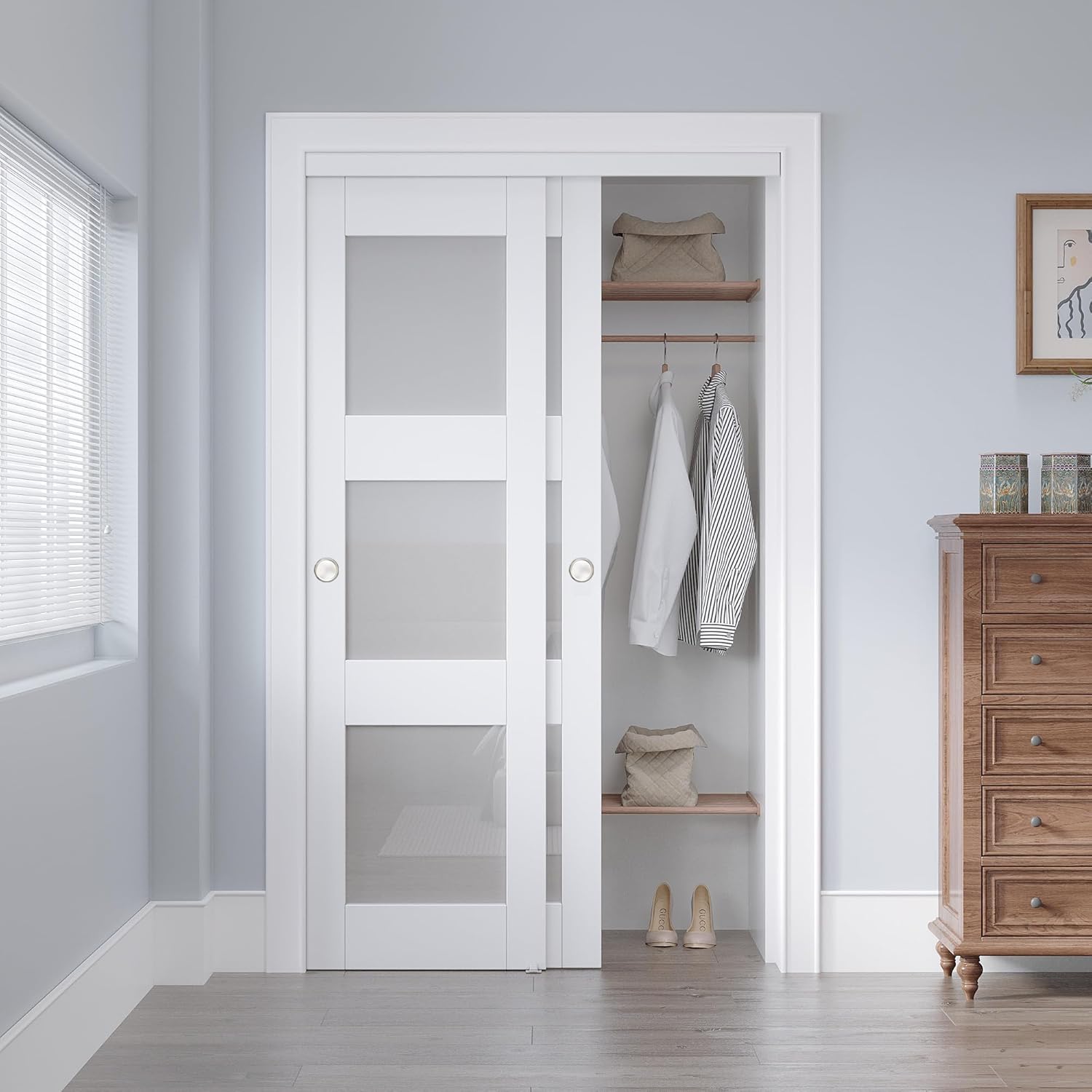 Sliding Closet Door 48"x80", 3-Lite Frosted Tempered Glass Solid Core Bypass Door with Hardware Kit & Floor Guide & Handles, Paintable Pre-Drilled MDF Doors Slab for Bedroom, Need to Assemble, Primed