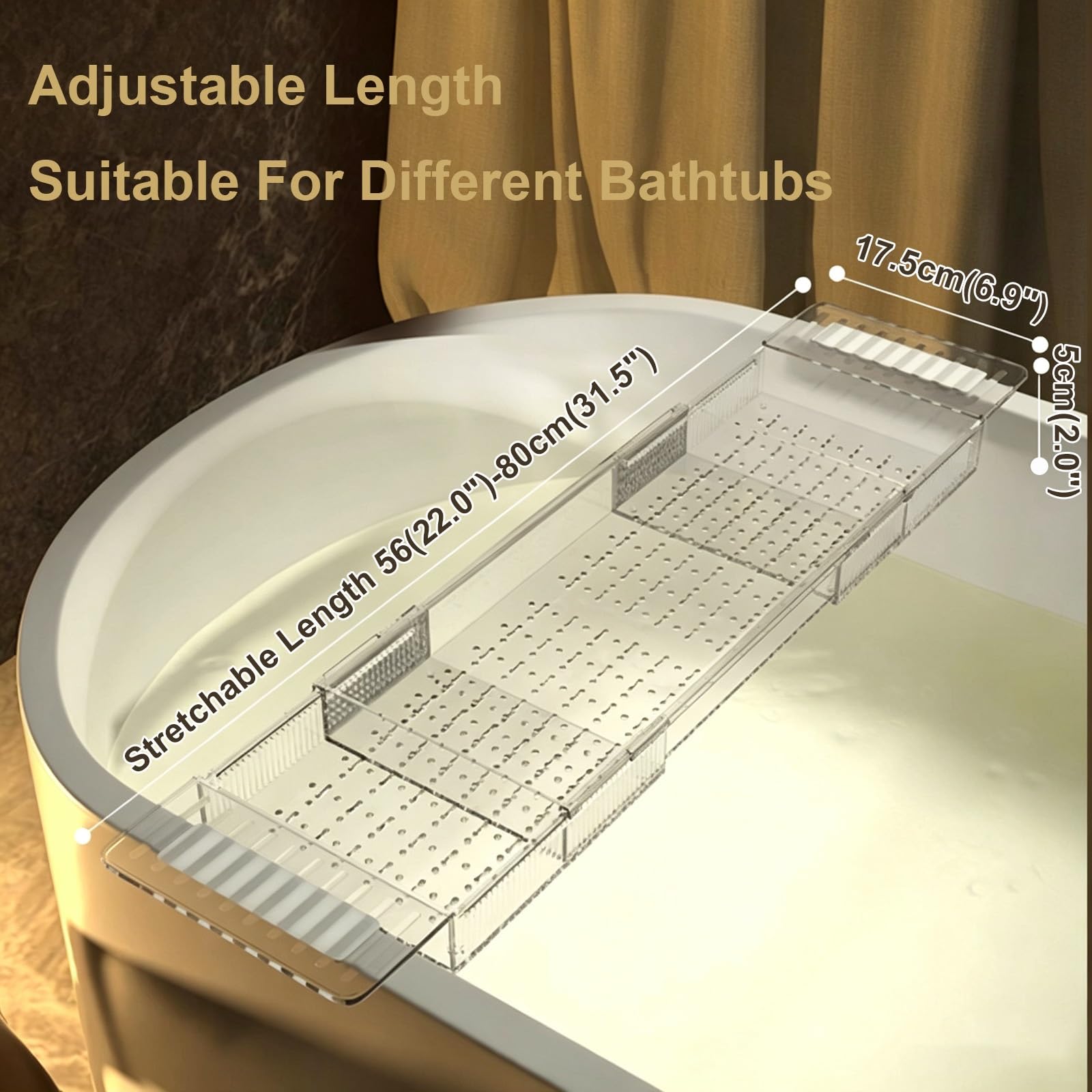 Mensola Estensibile in Plastica per Spa 56 a 80cm, Portata Massima 5kg | Cestino Antiscivolo per Vasca da Bagno per Accessori da Bagno Libri e Vino Adatto Alla Maggior Parte Delle Vasche