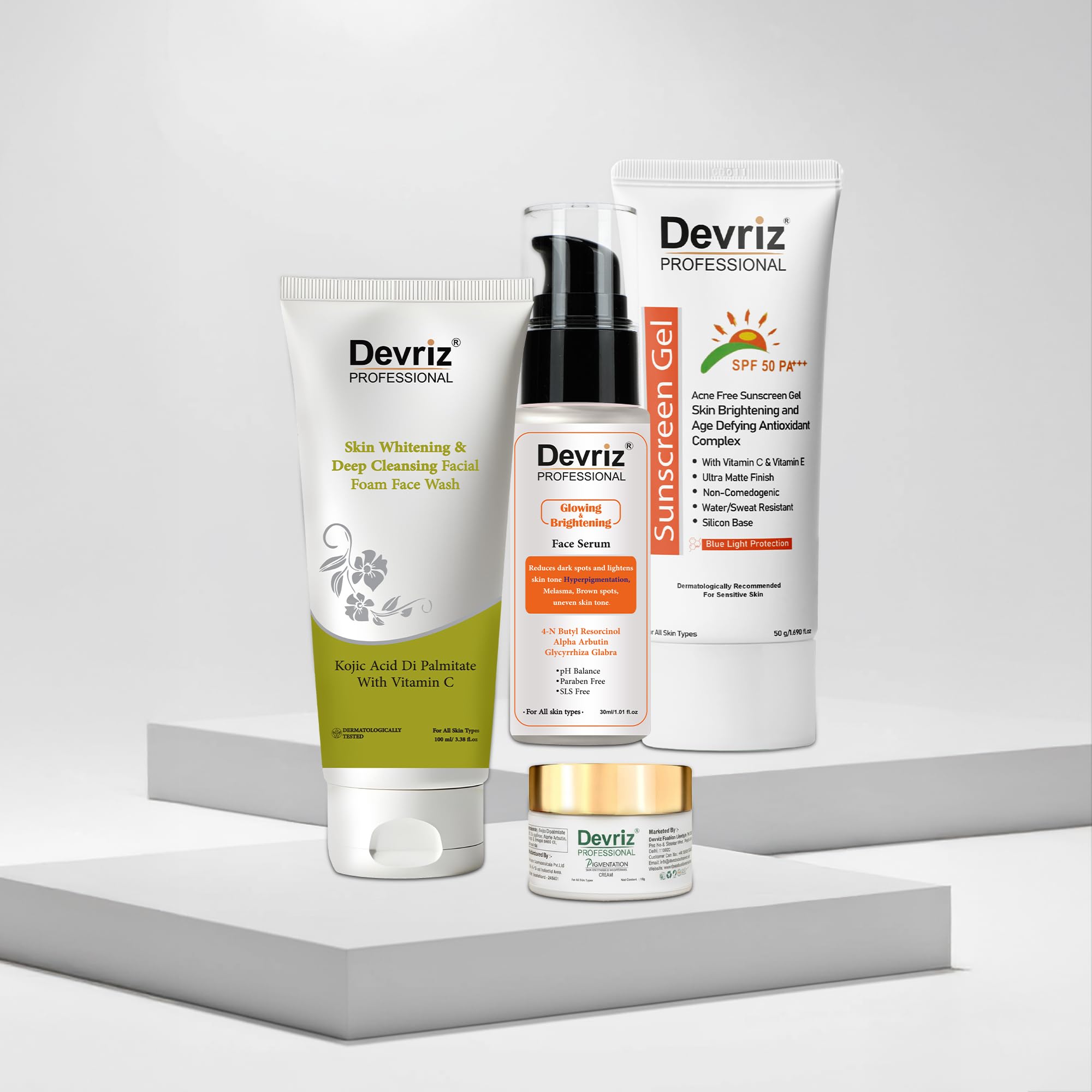 Devriz Healthcare | Anti Pigmentation Kit With Sunscreen Gel SPF 50 | For Glowing & Healthy Looking Skin | For All Skin Types | Facewash + Cream + Serum + Sunscreen | Pack of 4 | 100 g
