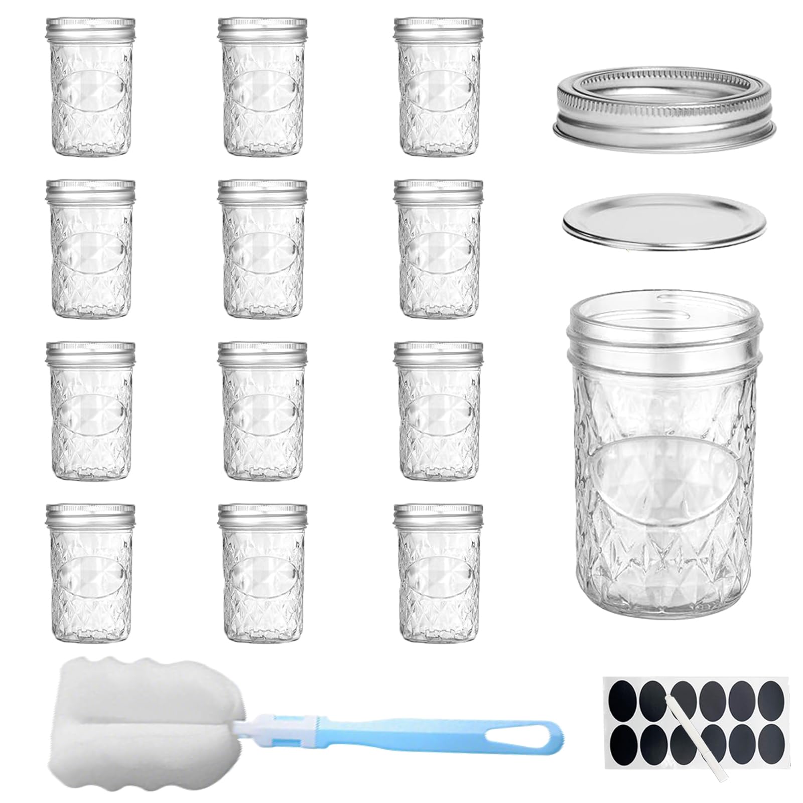 Botes de Cristal con Tapa de 250 ml, 12 pcs Tarros de Cristal con Tapas, Tarros Mason de Boca Ancha con Tapas Herméticas, Tarros de Almacenamiento de Alimentos, para Especias, Mermelada, Miel