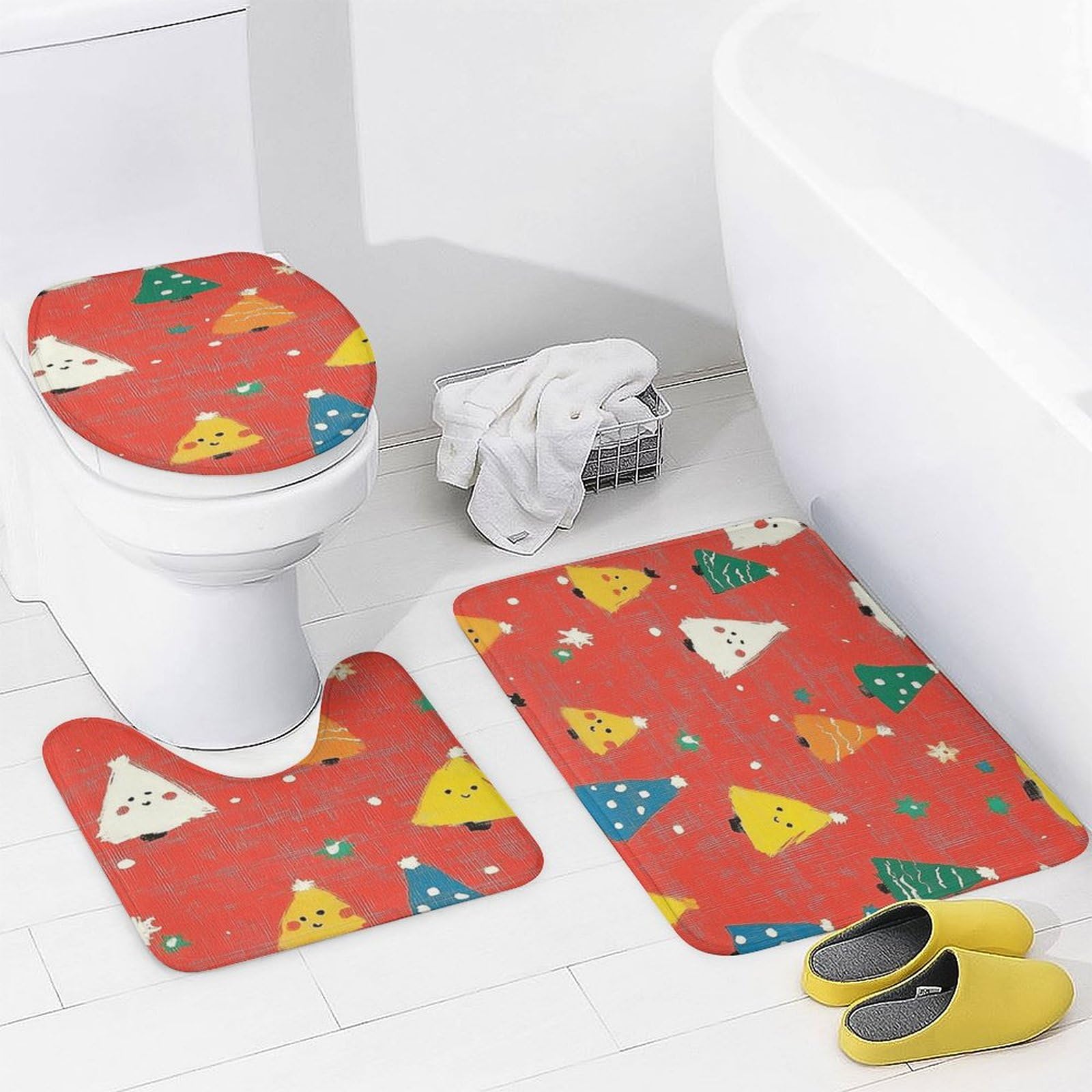 Feliz Navidad Baño de Cuatro Piezas Tappeto De Baño De Bambú, Antideslizante Y Lavable, Ideal para Ducha Y Baño Moderno 183×183cm