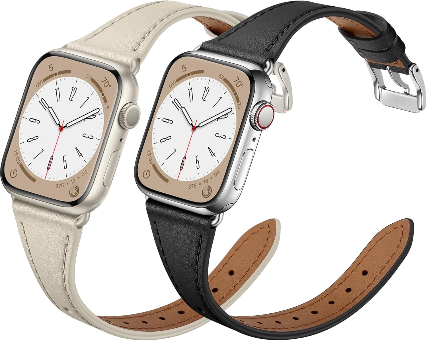 XCCYBTT Slim Leather Bands Compatible with Apple Watch Band 42mm 41mm 40mm 38mm, Genuine Leather Band Strap for iWatch Series 10/9/8/7/6/5/4/3/2/1/SE Women,Starlight and Brown/Silver