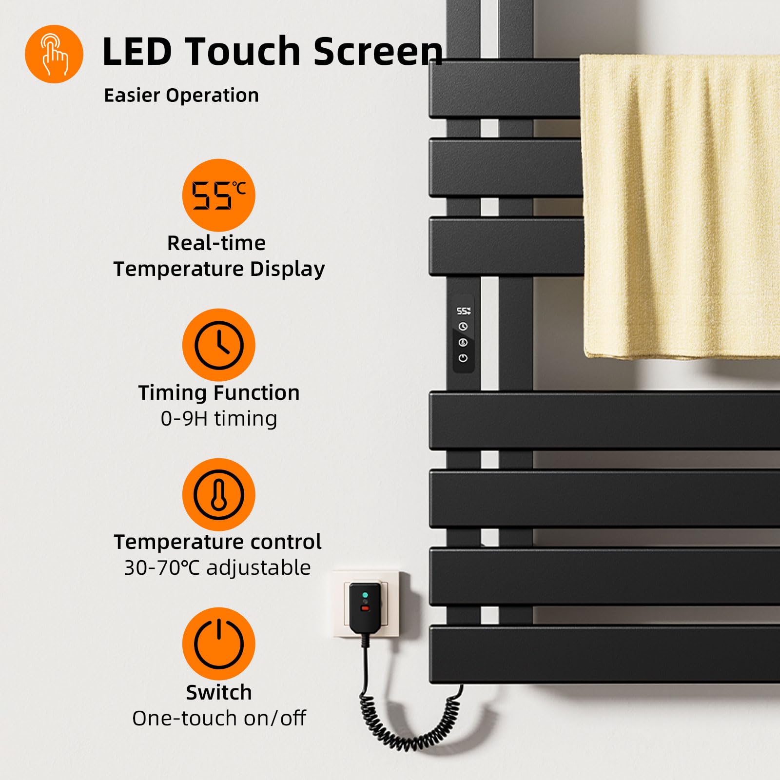 Radiador Toallero Eléctrico, 500x1100mm Toallero Baño Radiador, Secador de Toallas, Toallero Calentado, Secatoallas Electrico, Temperatura constante inteligente Calentador de Toallas Pared-Black Left