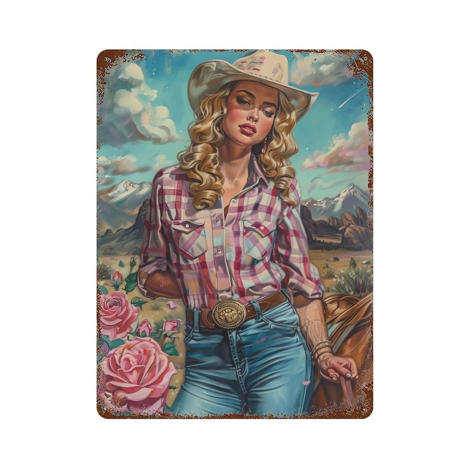 FHUYEURHRY Western Cowgirl & Horse 02 Wall Decor Retro Iron Vintage Art Metal Tin Sign Poster Modern Home Cofffee Club Art Bar Shop Decorations Style 40x30cm