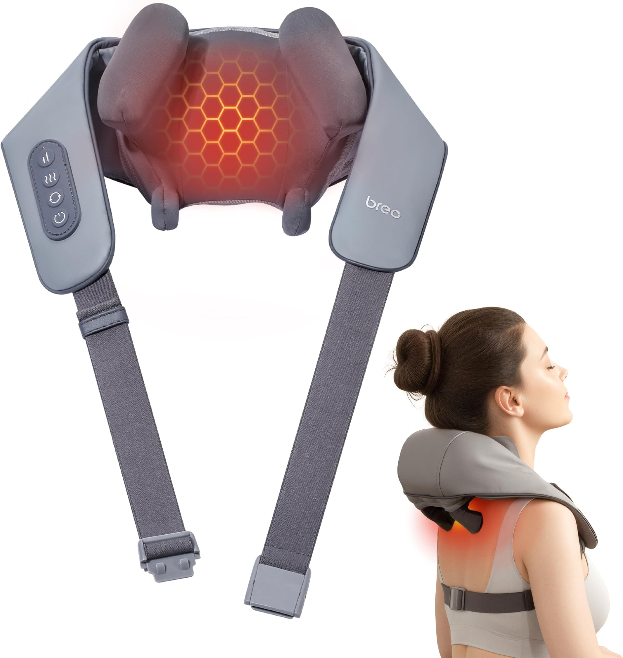 N5 Mini Neck and Shoulder Massager with Heat, 5D Shiatsu Back Massager with Straps for Hands-Free, Electric Deep Tissue Kneading Massage for Pain Relief, Portable for Office, Home & Travel-Grey