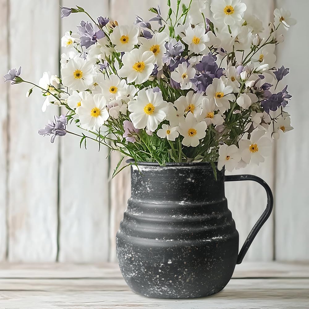 Rustic Metal Farmhouse Vase Shabby Chic Small Pitcher Fall Black Vase Brown Decorative Vase for Farmhouse Kitchen Decor