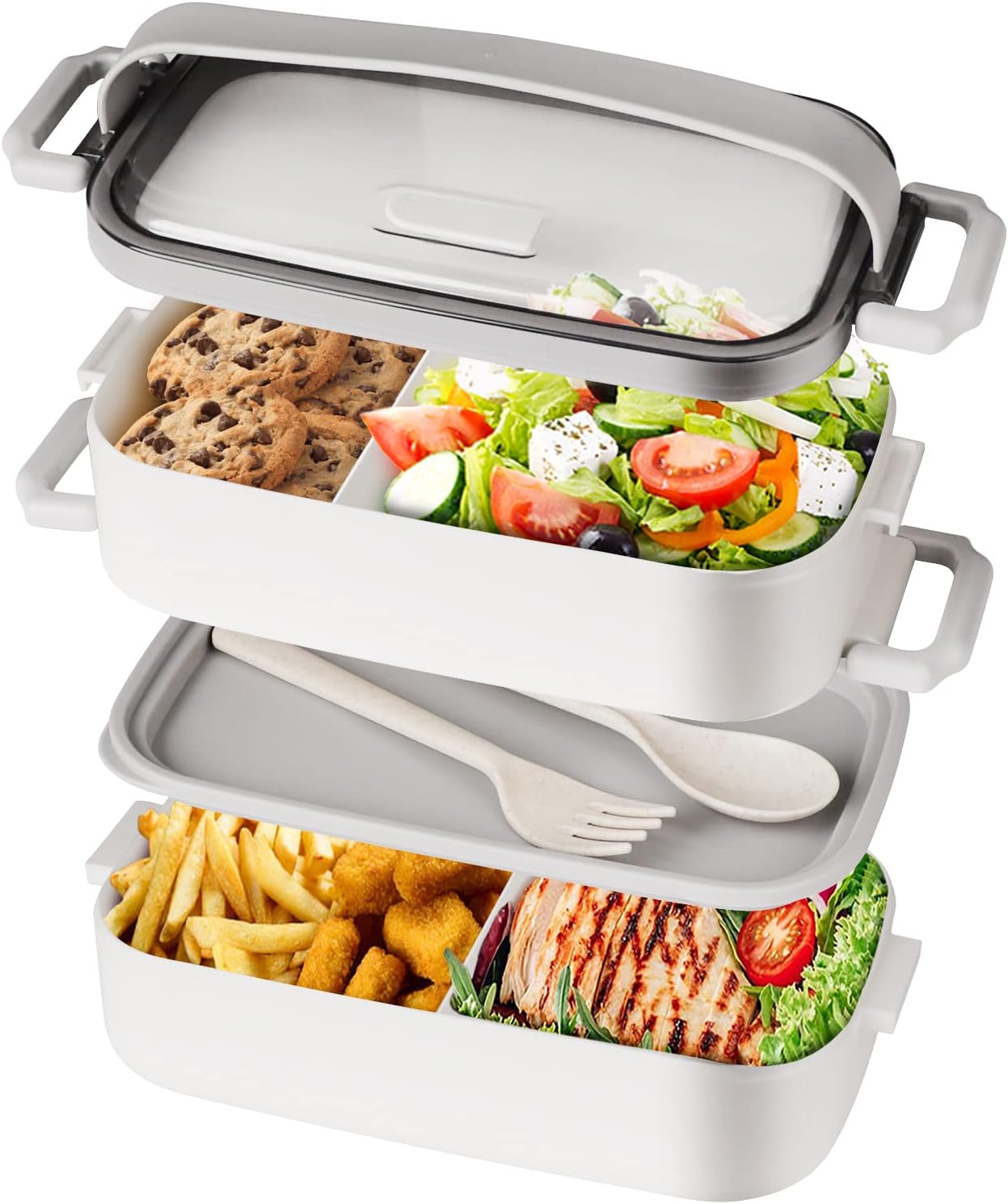 Bento Box Lunch Box for Adult, Stackable Bentobox with 2 Compartment, Include Utensil Set, Leak-Proof Container, Lunch Box Safe for Microwave and Dishwasher, BPA-Free Bento Box 1600ML White