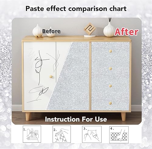 Miniatura 3 de Kitico Papel tapiz plateado con purpurina, papel de contacto plateado, cubierta creativa, despegar y pegar, papel tapiz autoadhesivo extraíble,