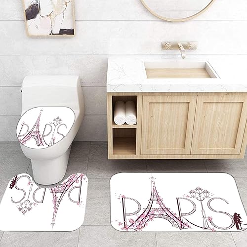 Miniatura 3 de Juego de 4 cortinas de ducha con diseño de Torre Eiffel de París con tapete de baño, letras de París, flores rosas para pareja, viaje, tapete de