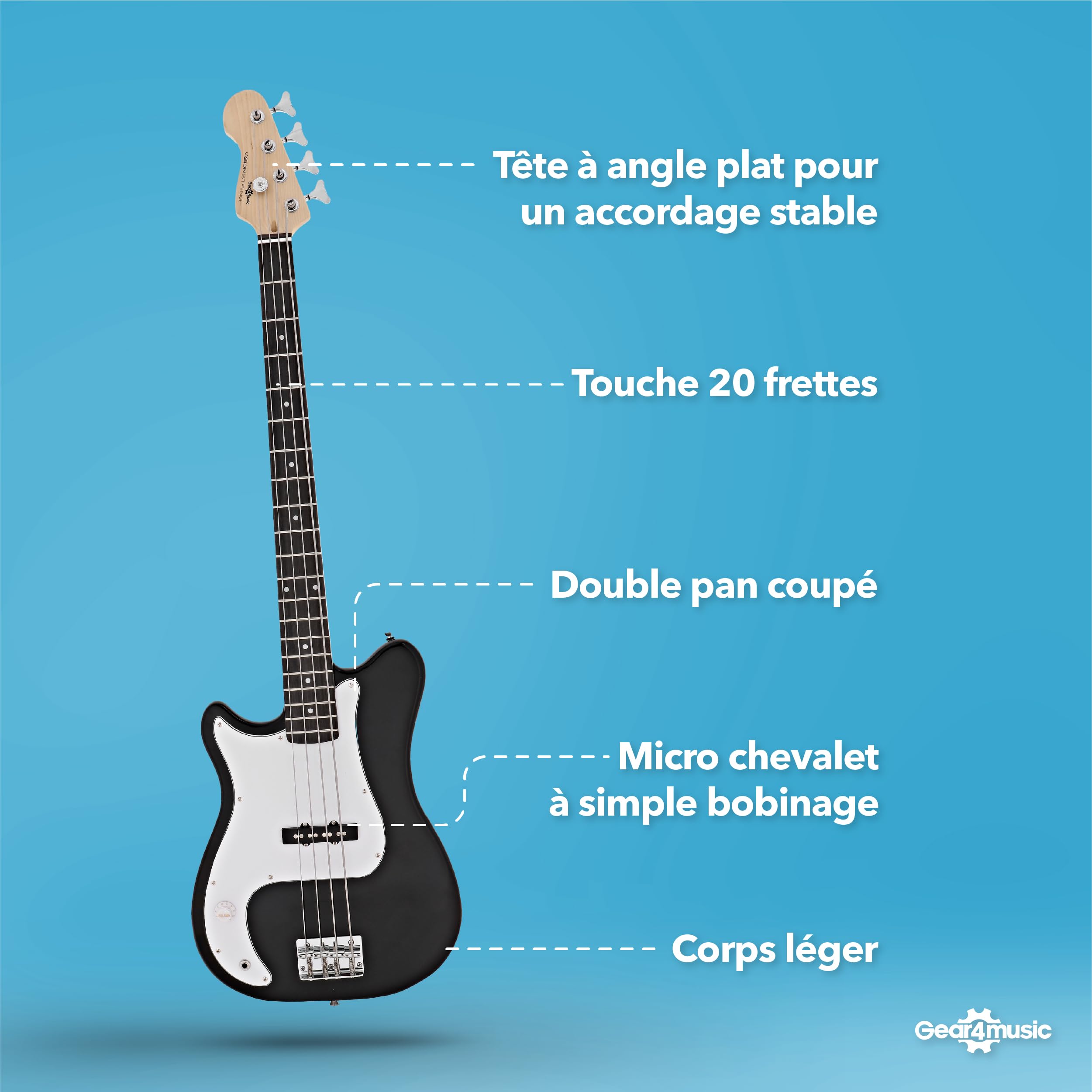 VISIONSTRING Kit Guitare Basse Gaucher avec Ampli 10W et Accessoires