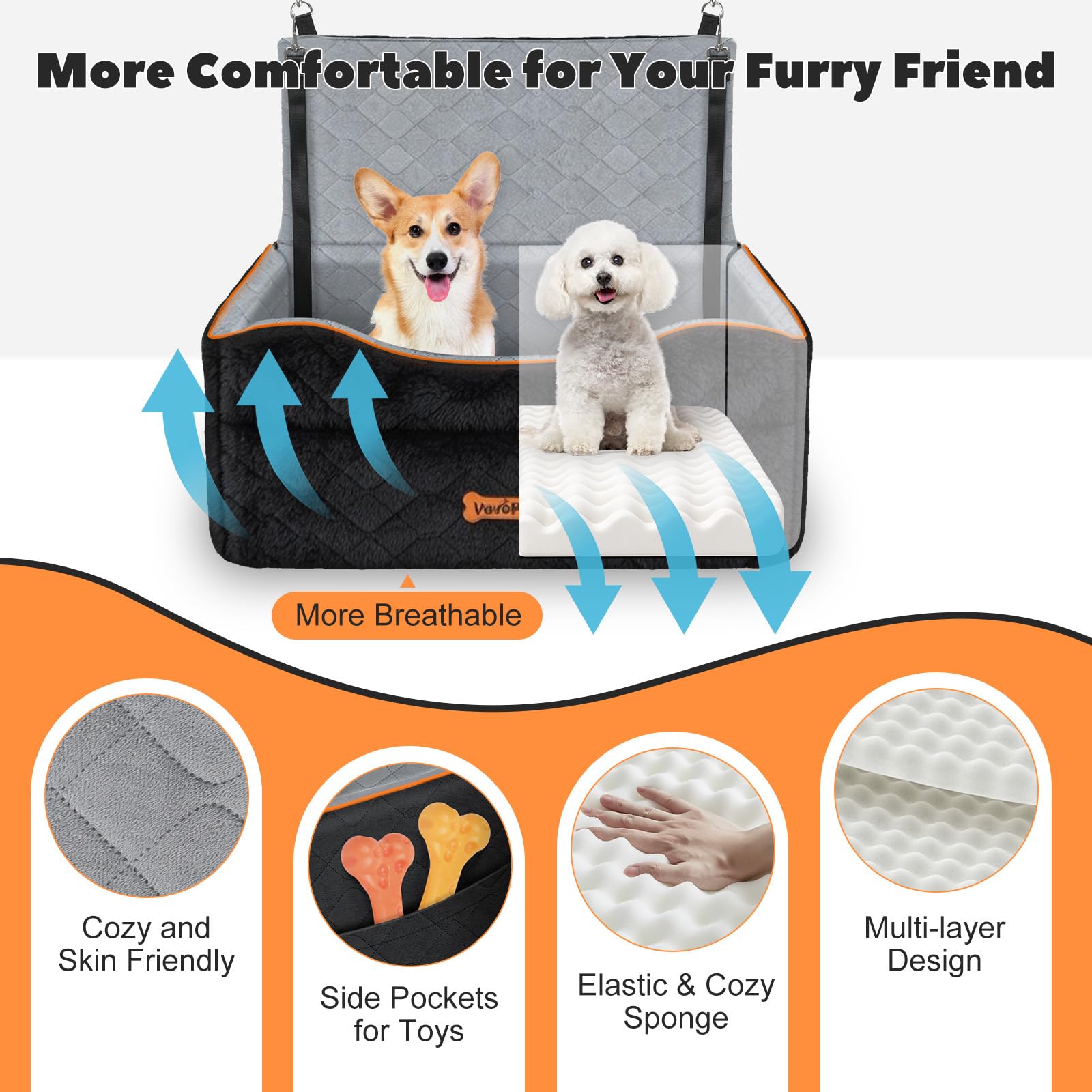 VavoPaw Hunde Autositze für mittlere/große, Hundesitz für Hunde unter 50Lbs | Hundesitzerhöhung für 2 kleine Hunde,2 Sicherheitsleinen, Hundesofa-Kissen mit Schaumstoff, Haustiere Transportbox