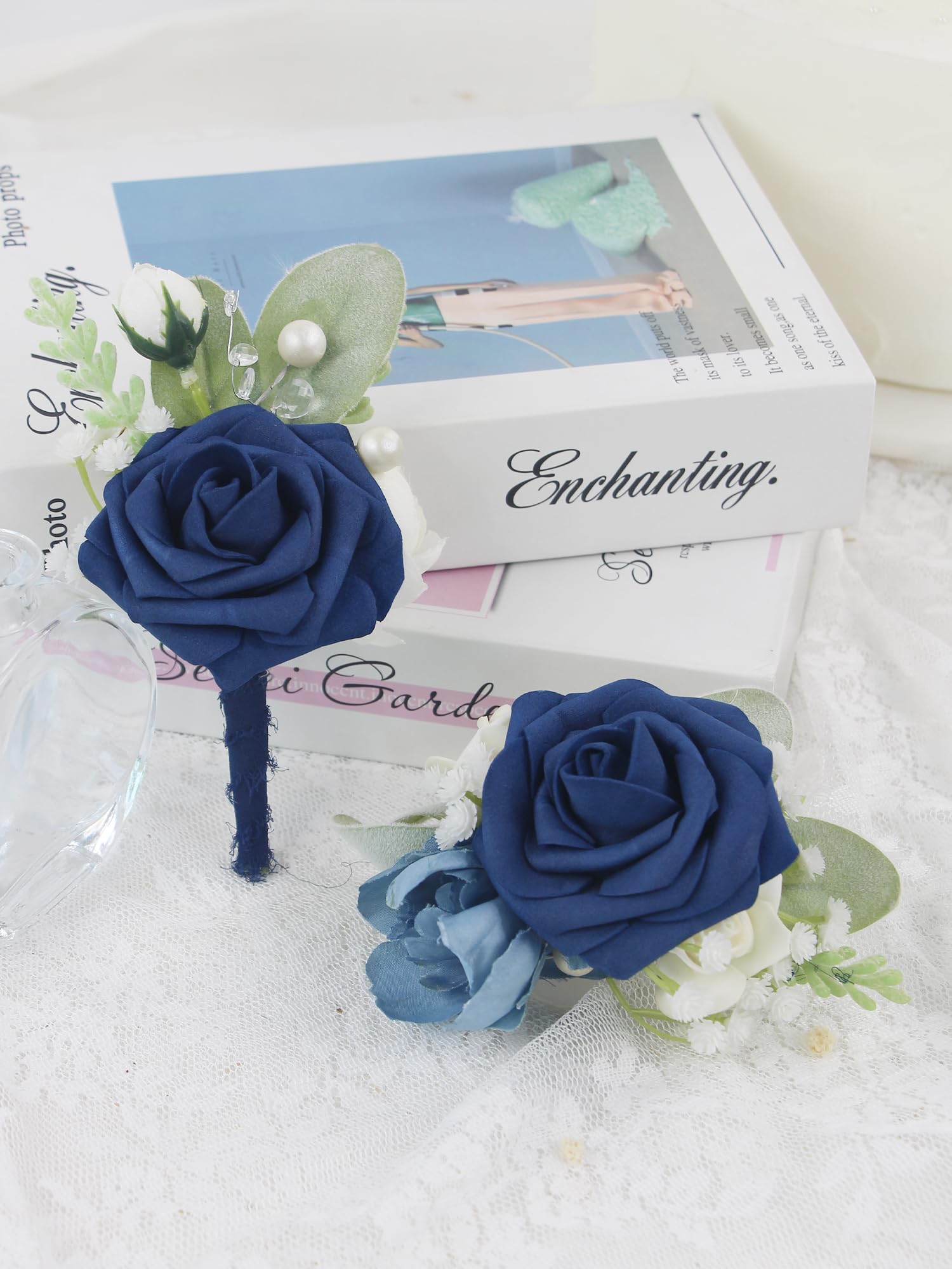 Rinlong Gorset i Boutonniere Zestaw Granatowa Róża Gorset Bransoletka Pan Młody Kwiat Boutonniere dla Mężczyzn Ślub Homecoming Gorset na bal