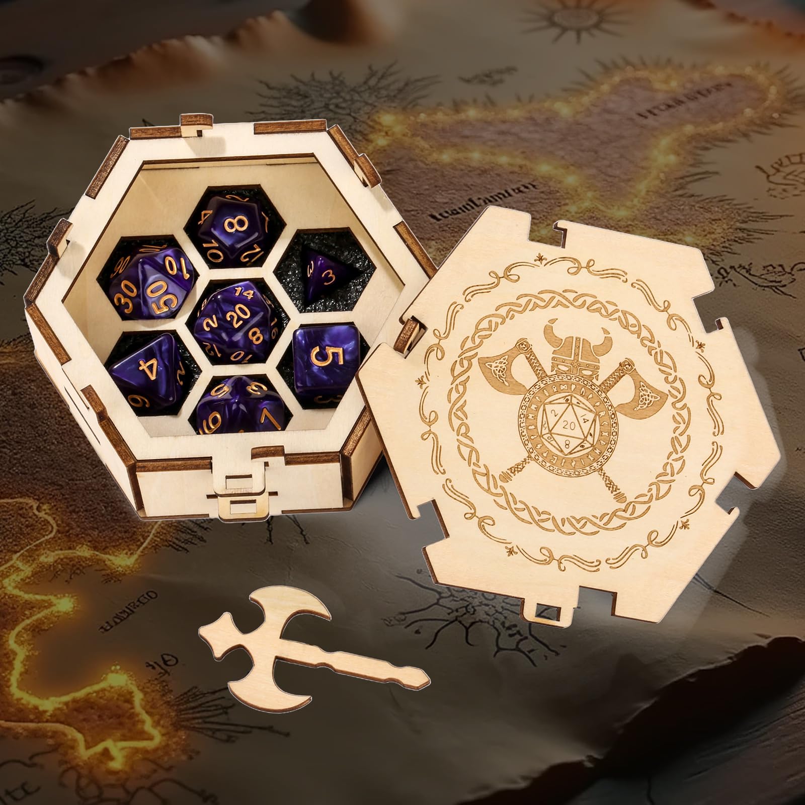 Würfel Box Aufbewahrung, 7 Polyedrische Würfel, D&D Zubehör, Holz Hexagon Wikinger Muster mit Axt, Rollenspiele Satz, Würfelbox DND, Geschenke für Tabletop Spieler