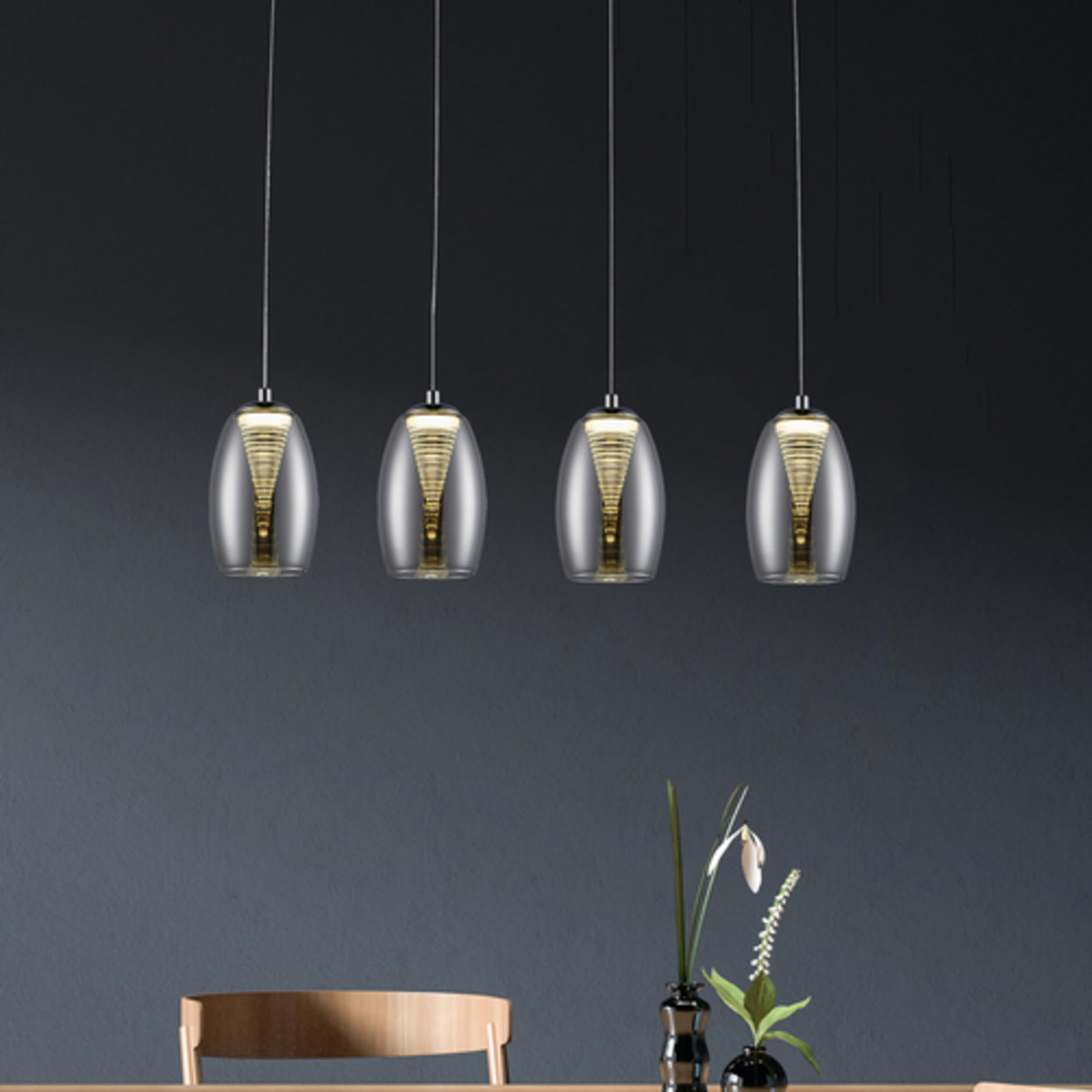 Lightbox LED Pendelleuchte mit Rauchglas - höhenverstellbare Hängelampe 4-flammig - dimmbare Deckenleuchte mit 3-Stufen-Schaltung - Lampe für Esstisch, Wohnzimmer & Küche - inkl. LED