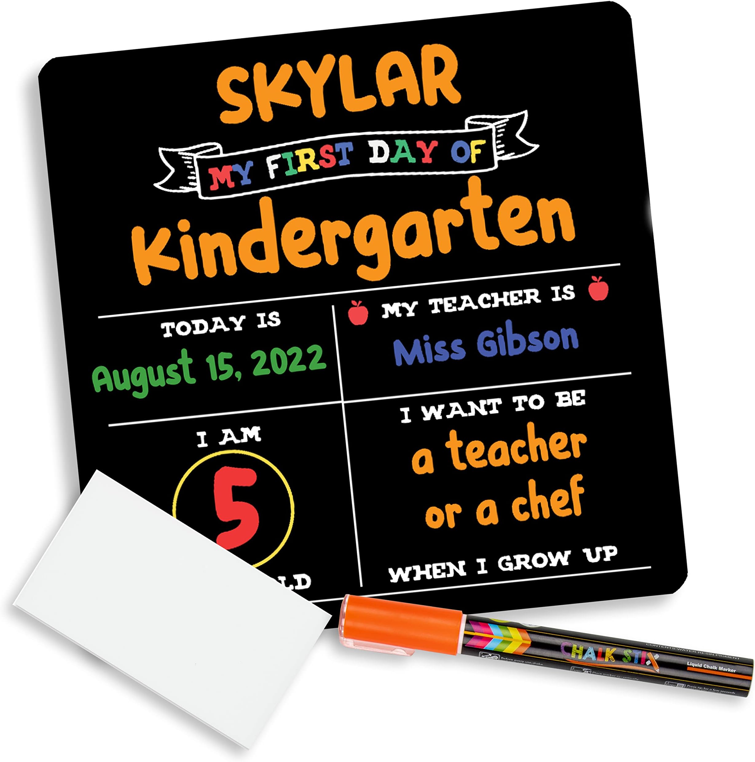 First Day of School Board, Made in USA, 12 in x 12 in, 2-Sided, with Chalk Marker, Magic Eraser, My First Day of Kindergarten Signs, Preschool Back to School Chalkboard, Kids 1st Day Photo Prop Sign