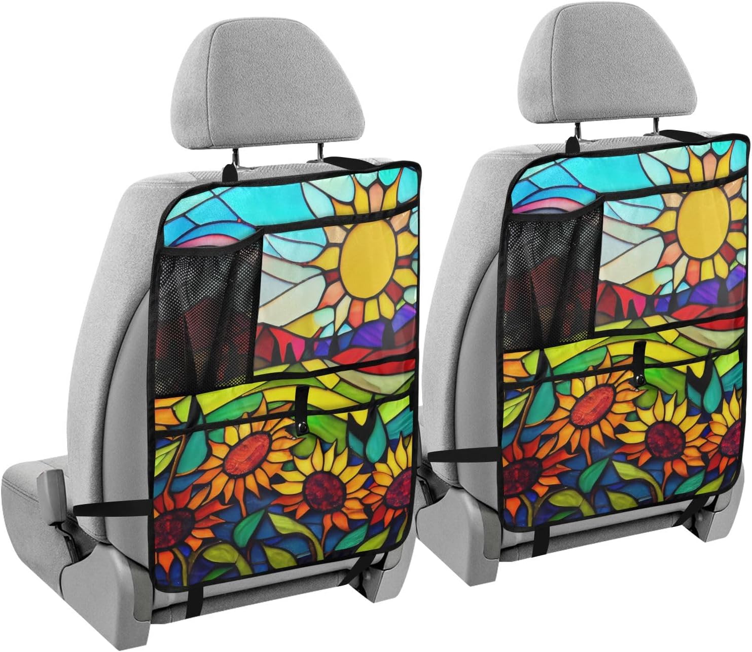 Car Seat Back Organizer Glass Sunflower Print, Seatback Protector with Pockets for Tablet Bottle Tissue Book, Auto Kick Mats 25x18 IN 2 Pack