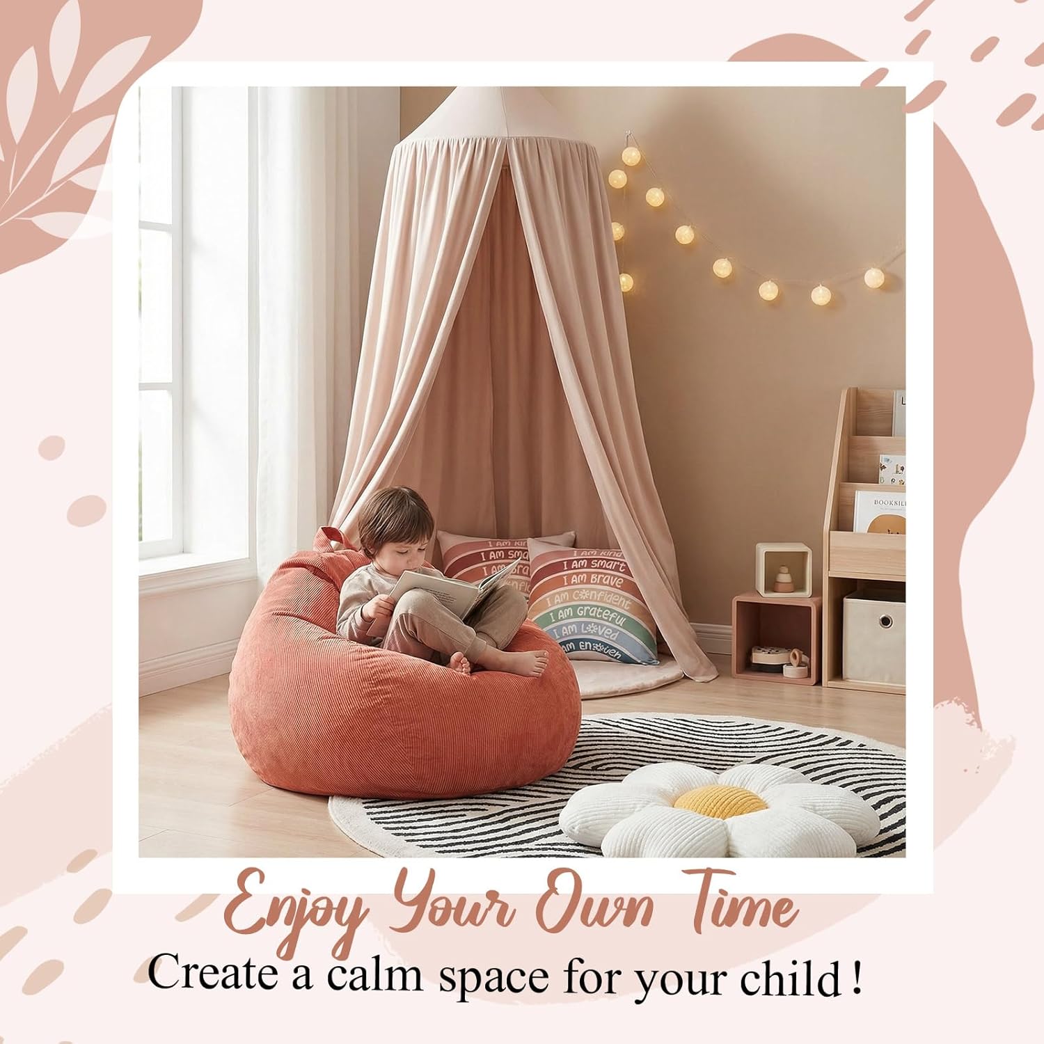 5 Pcs Reading Nook Set for Kids, Kids Reading Corner Decor with Bean Bag Chair Cover & Throw Pillow Cover(No Filler) Canopy and Flower Pillow for Bedroom Playroom Nursery Indoor Decor