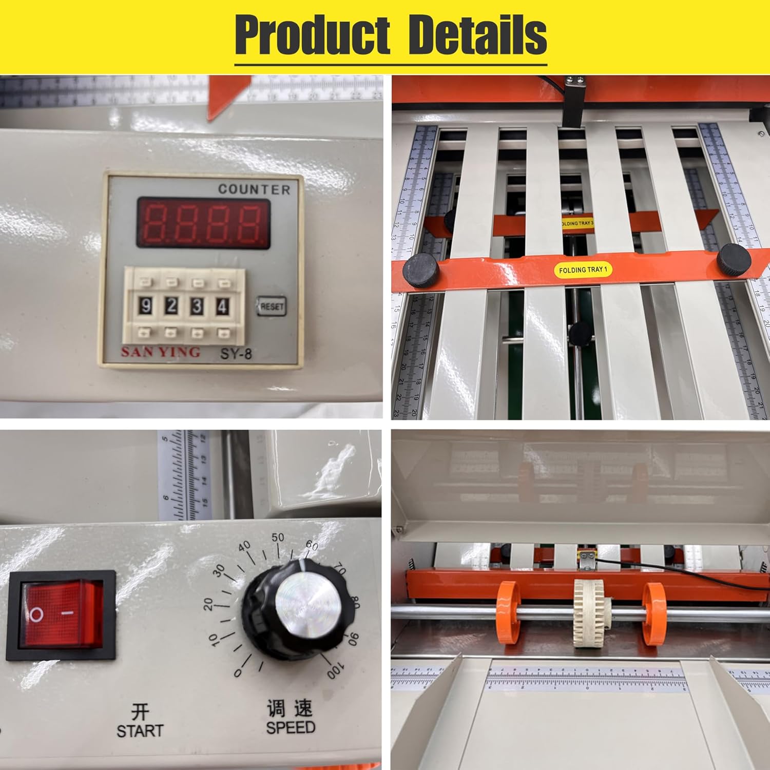 Collage of detailed views of the paper folding machine, including the electronic counter, speed dial, folding tray, and internal rollers.