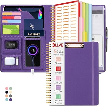 Purple Foldable Spiral Clipboard Folio with Storage Zipper Pouch, 5 Plastic Folders with Pockets,Refillable Lined Notepad 8.5" x 11", Hardcover Project Organizer with 36 Stickers