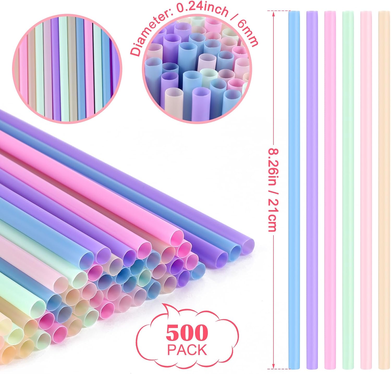 500 Pcs Colorful Disposable Plastic Drinking Straws - 8.26" Long 0.24" Diameter Cute Straws Bulk for Juice,Coffee,Milk,Cocktail, Ideal for Bachelorette Party, Birthday Party, Baby Shower