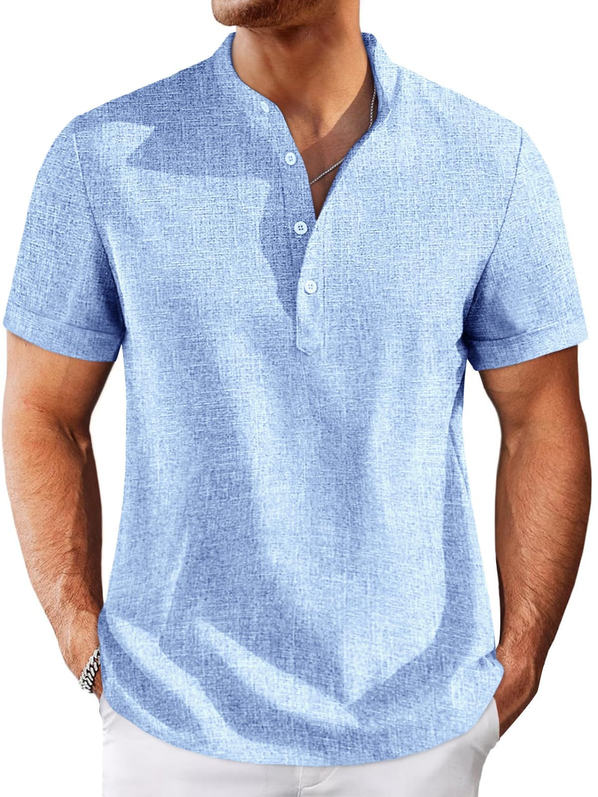 Runcati Mens Henley Shirts Short Sleeve Casual Linen Band Collar T-Shirt Summer Beach Vacation Tops Baby Blue 3XL