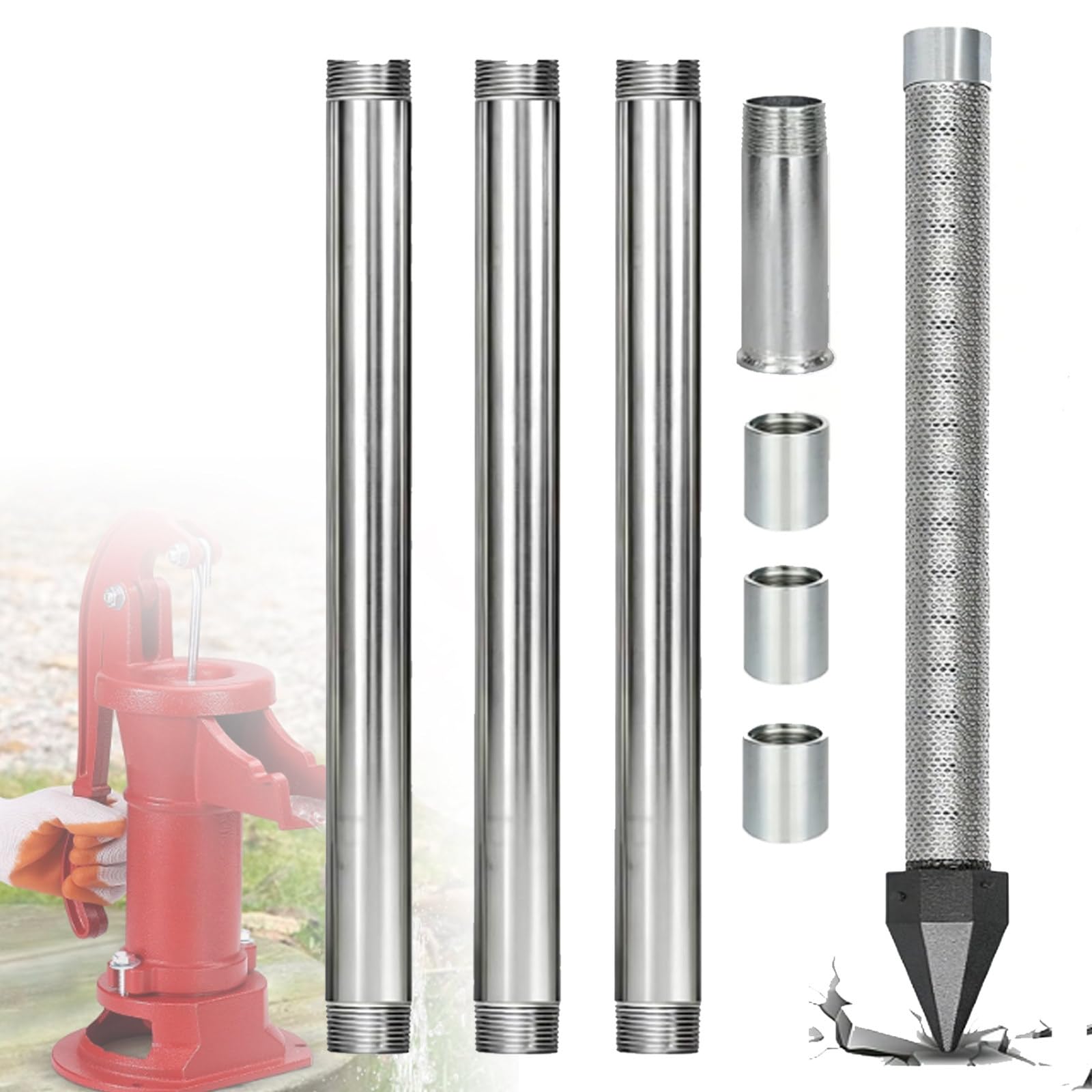 ZyKnaurral Emergency Water Supply: Drive Point Well Kit for Garden, Stainless Steel Filter Screen, 1-1/4" NPT, Manual Drilling Kit for Self-Sufficiency and Watering During Droughts 4M-NoWaterPump