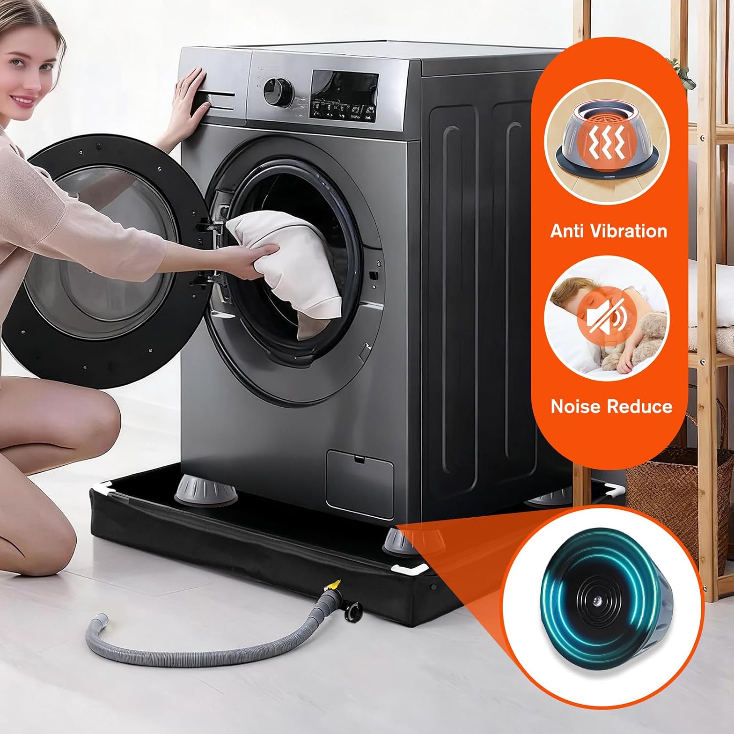 Washing Machine Pan 31.9 X 31.9 X 2.7 Inch Washing Machine Drain Pan with 4 PCS Anti-Vibration Foot Pads and Drain Hole Hose for Washer Dryer Floor Protection