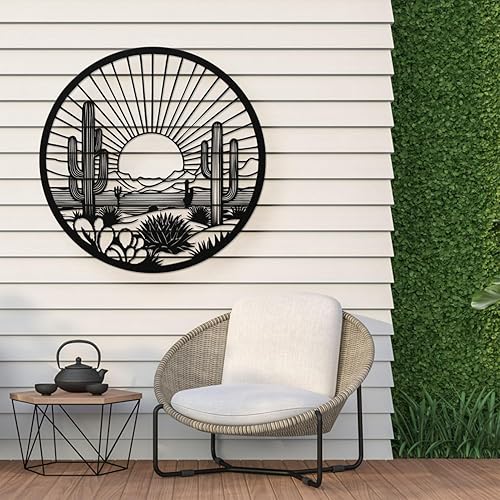 Miniatura 8 de Arte de pared de metal de cactus del desierto, decoración de pared redonda del desierto con diseño de cactus y puesta de sol, arte de pared de metal