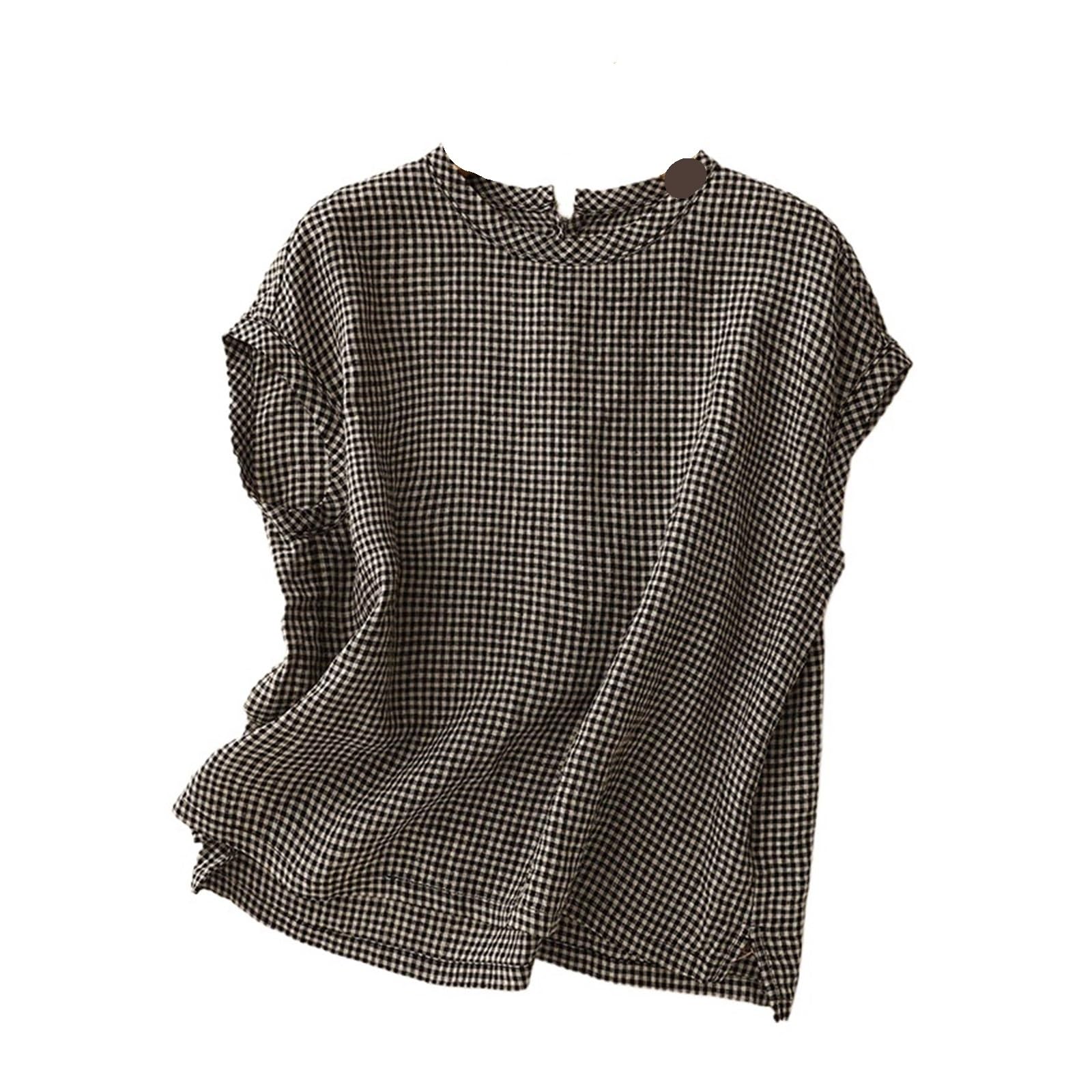 Camisa Lino Mujer Blusa de Lino a Cuadros Verano, Estilo literario Retro, Elegante, Universitario, Cuello Redondo, sin Mangas, Informal