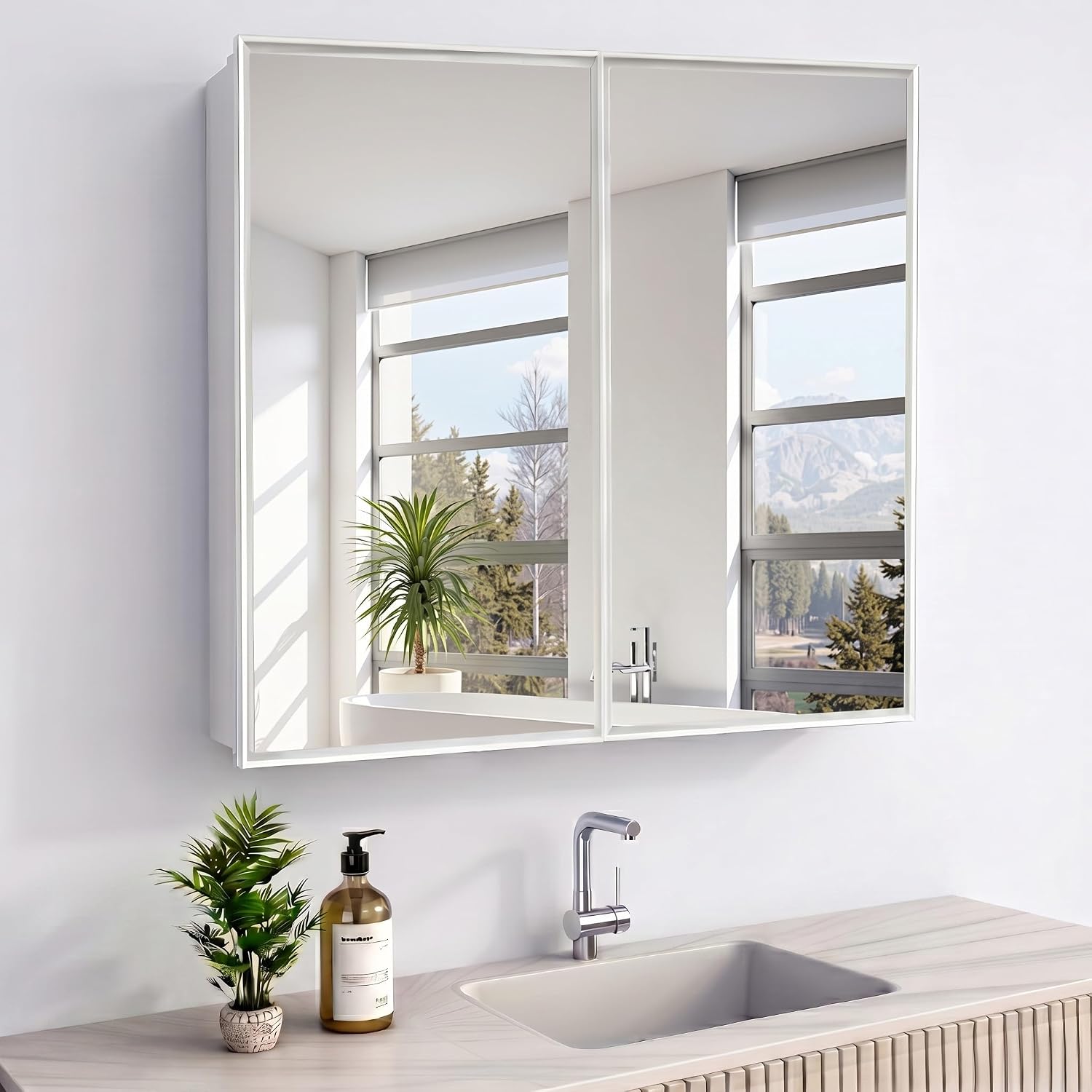 26 x 32 Inch Bathroom Medicine Cabinet with Double Mirror Doors, Recessed or Surface Mount Wall Cabinet for Bathroom, Plastic Frame & Removable Glass Shelves