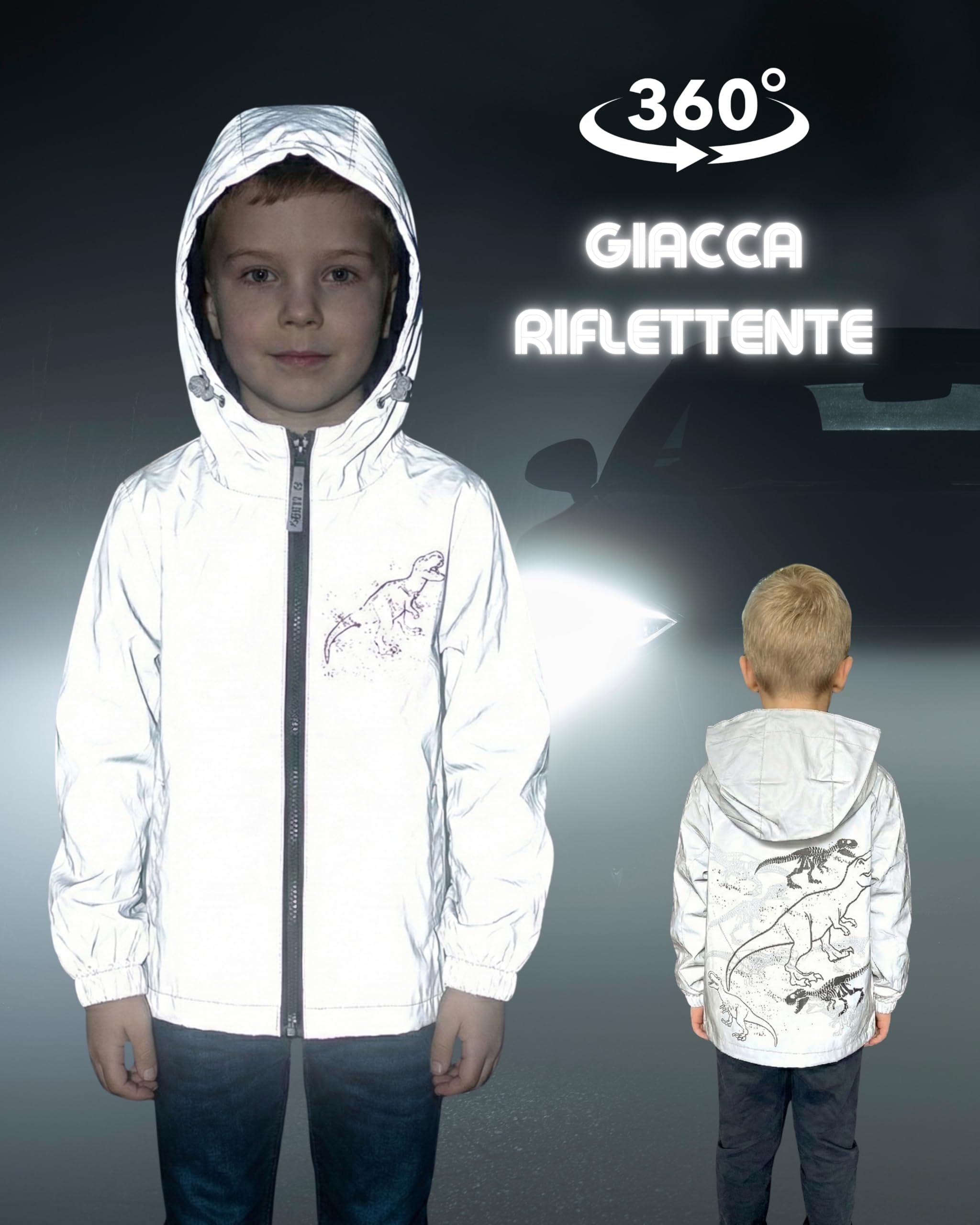 HECKBO Giacca a vento antipioggia da dinosauro per bambini in materiale riflettente - 3-6 anni - impermeabile e antivento