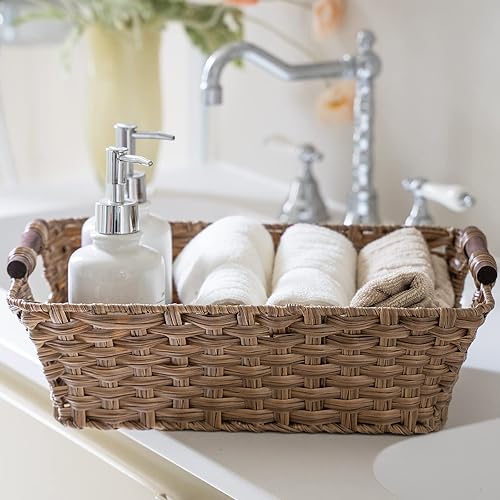 Miniatura 6 de ROSOS Cestas de mimbre, 2 unidades, canastas de mimbre grandes lavables para almacenamiento con asas de madera, cesta de almacenamiento de mimbre de