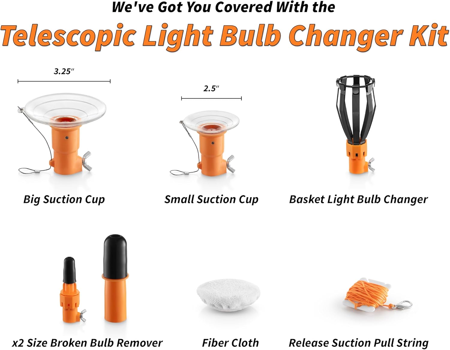 4-12 ft Telescopic Light Bulb Changer for High Ceilings // Light Bulb Remover Tool High Ceilings Kit with Suction Cups, Basket and Microfiber Cloth // 20ft High Reach Light Bulb Changer with Pole