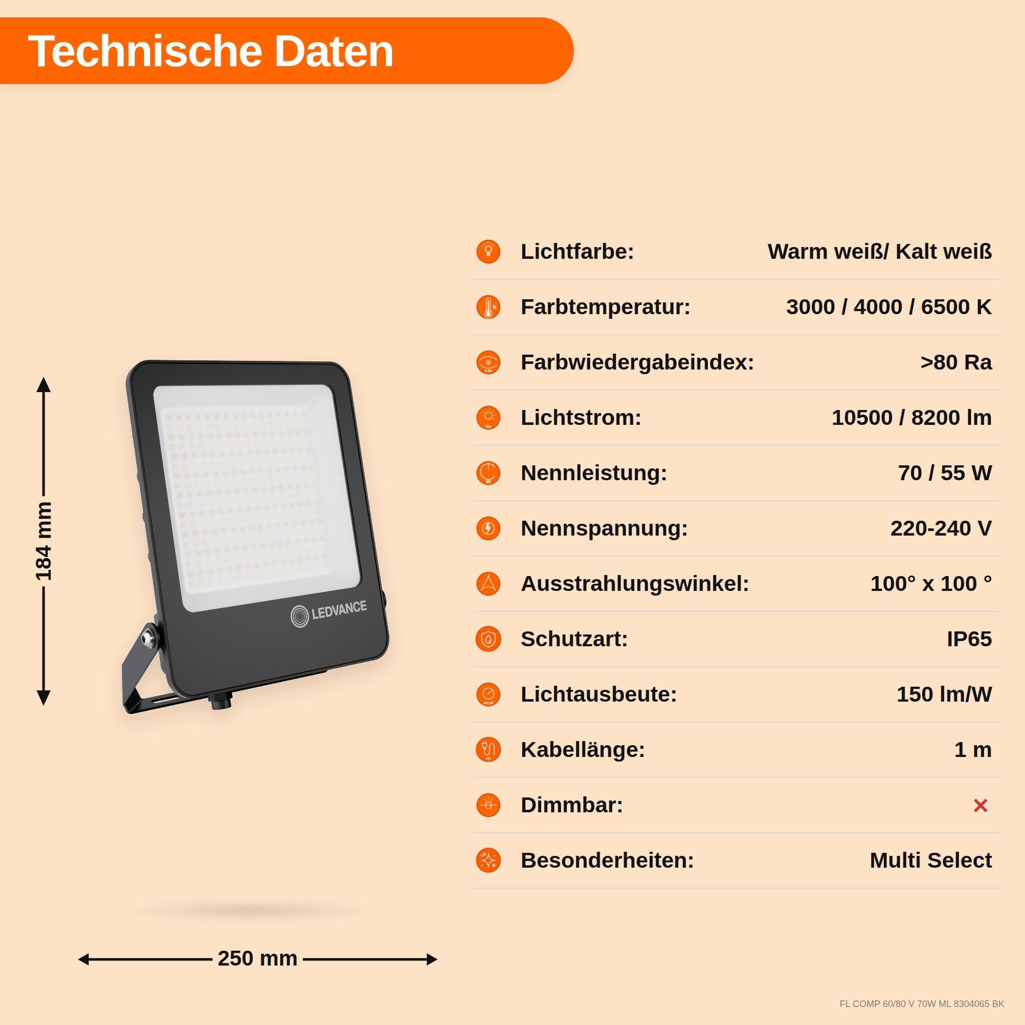 LEDVANCE Lampa LED Floodlight Compact Gen 2, 70 W, czarny, aluminium, kabel, 3000K-6500K